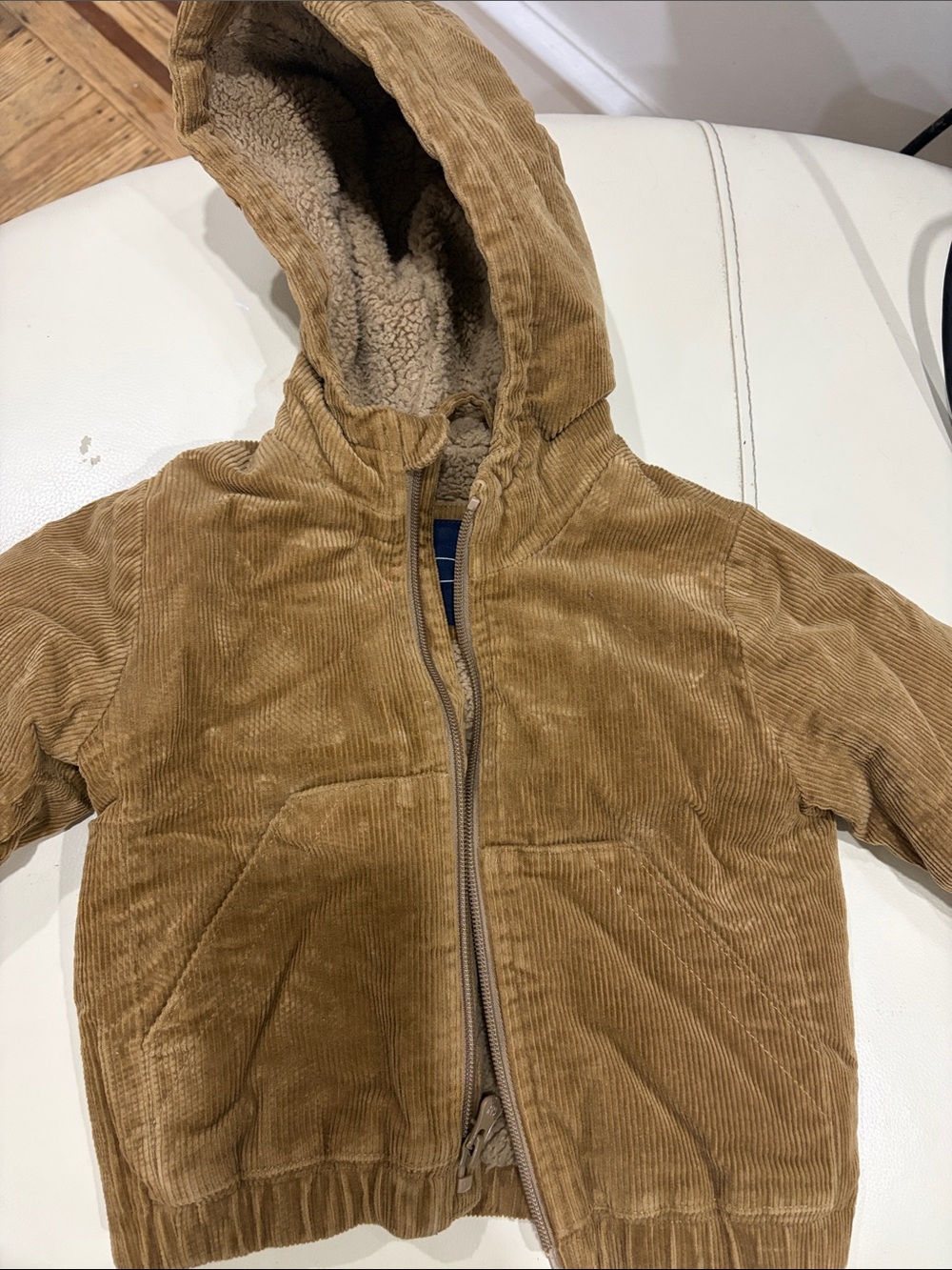 GAP Kids Corduroy Hooded Puffer Jacket in Tan